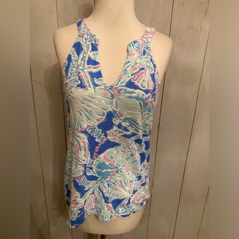 LILLY PULITZER Into the Deep Arya tank top V-neck Blouse Blue Pink Sz-Sm